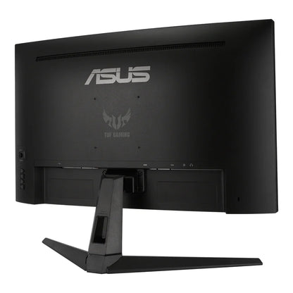 Rear view of black ASUS TUF Gaming monitor with angled stand and ventilation