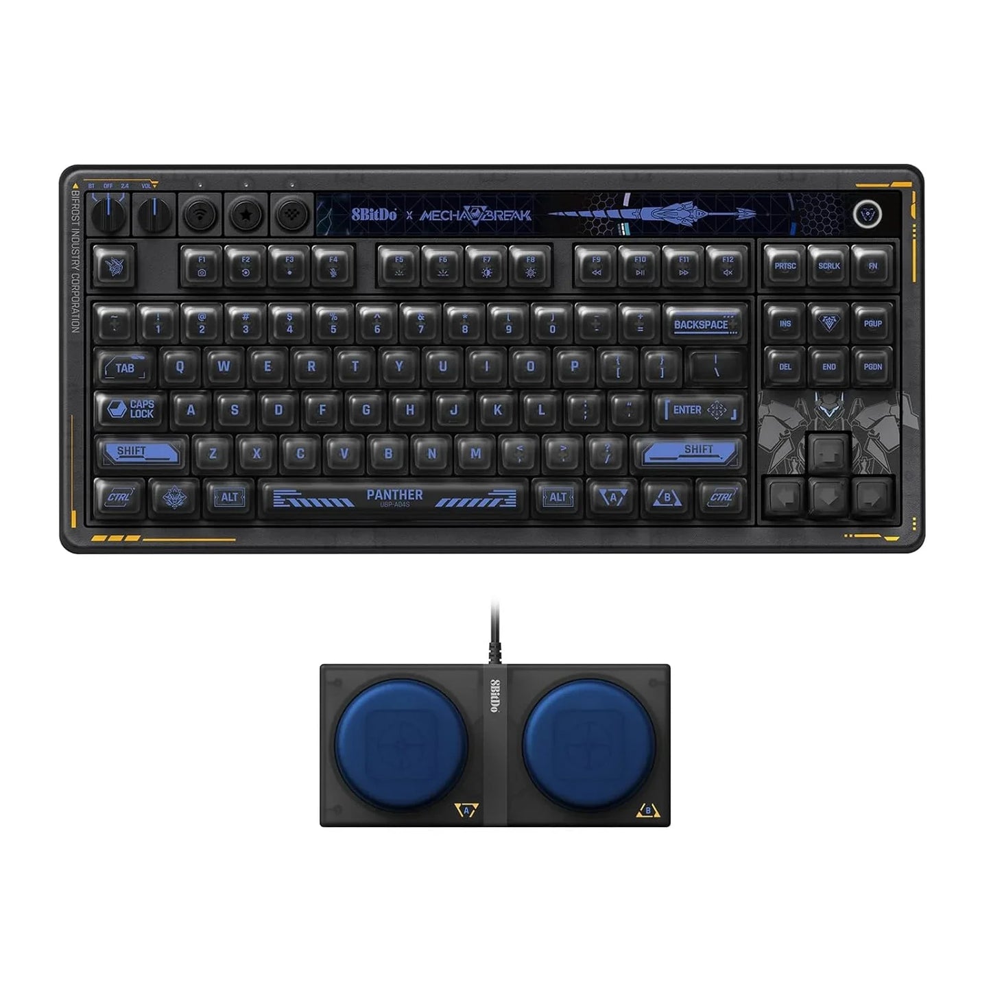 Retro gaming keyboard with blue backlighting and two-button adaptive controller.