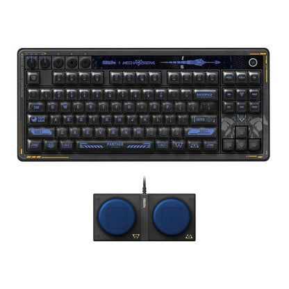 Retro gaming keyboard with blue backlighting and two-button adaptive controller.