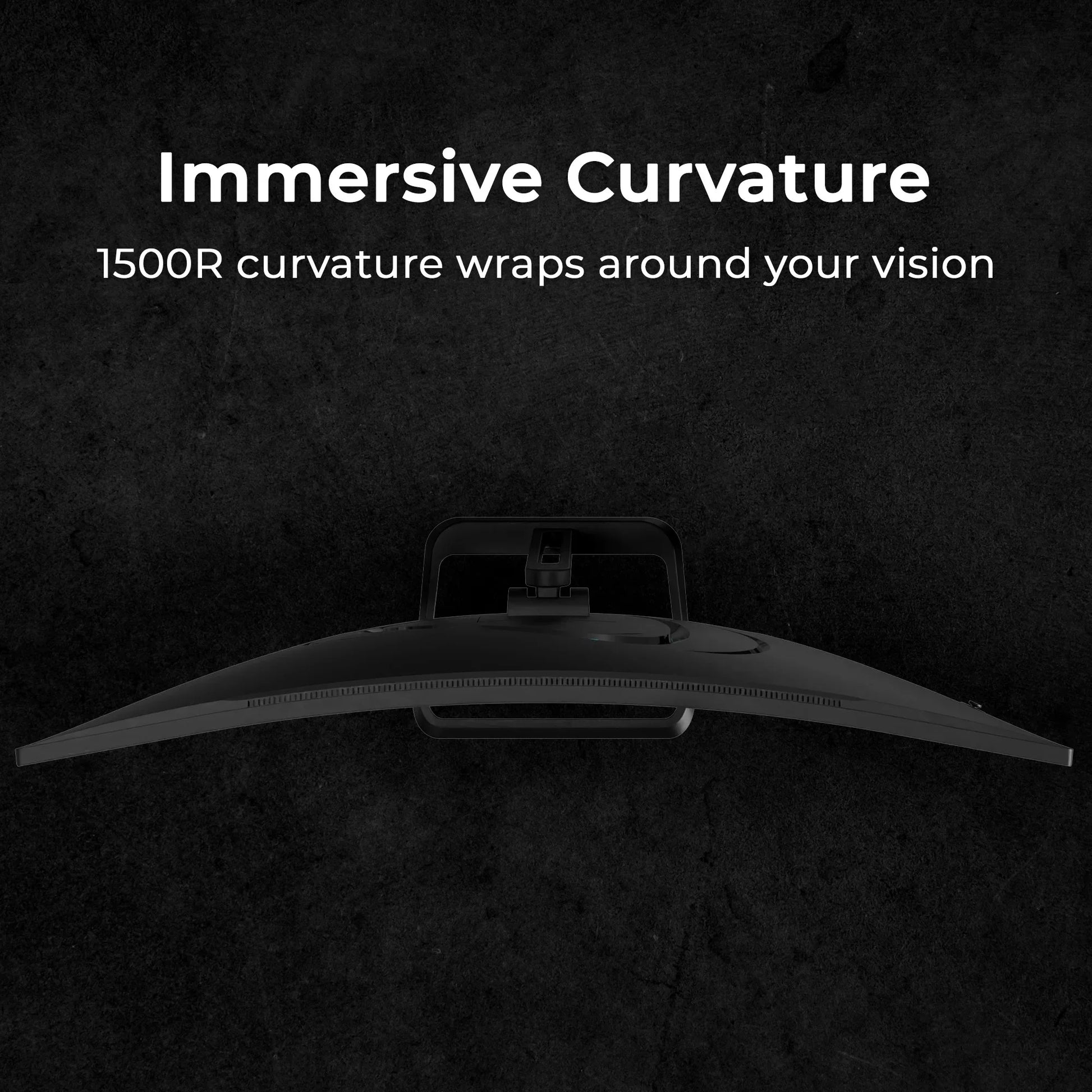 Curved monitor with 1500R immersive curvature wrapping around the viewer's vision on a black background