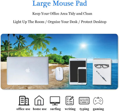 Large mouse pad with tropical beach design featuring palm trees, ocean, and sunny sky for office and gaming use