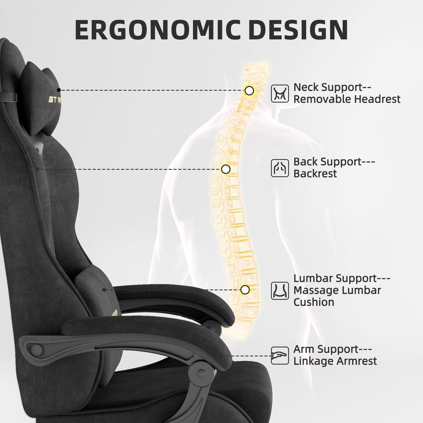 Ergonomic gaming chair with neck, back, lumbar & arm support for comfort during long sessions