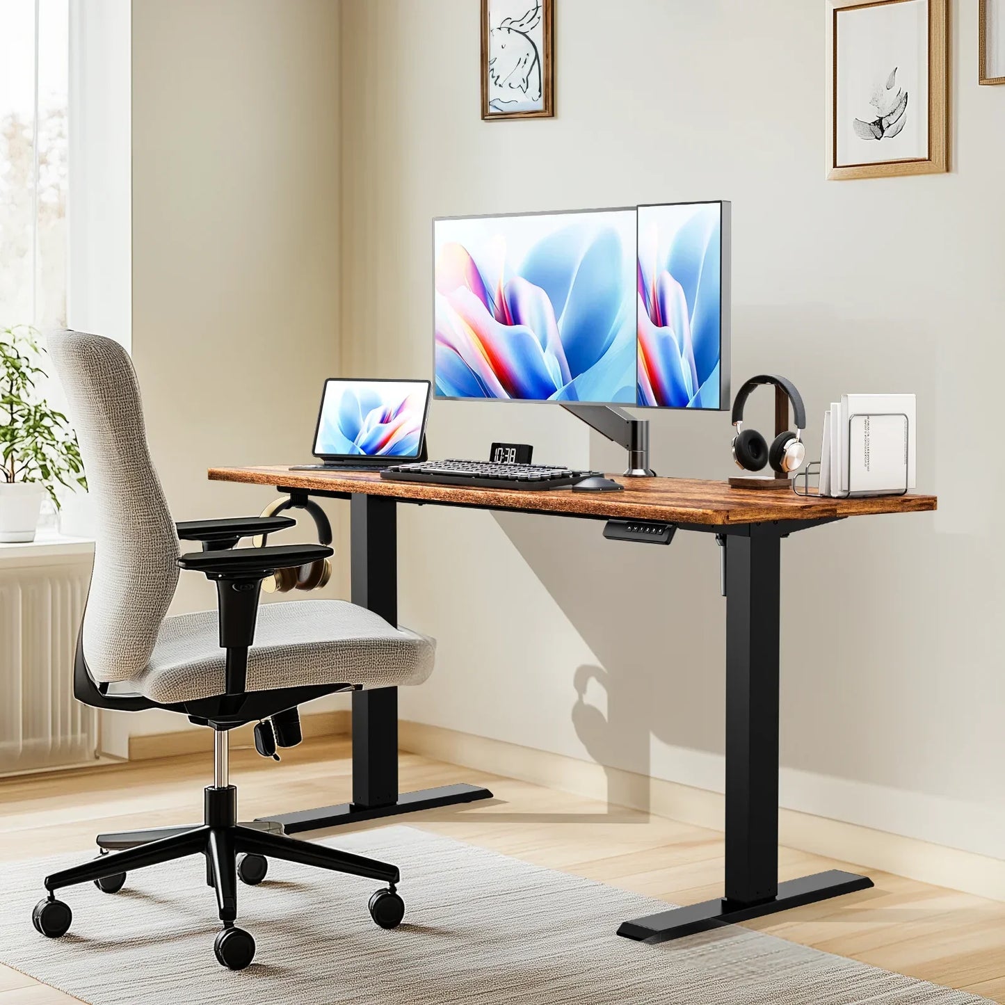 55" X 24" Electric Standing Desk, Adjustable Height Sit Stand up Desk with 4 Memory Pre-Set, Home Office Gaming Desk with Headphone Hook, Vintage Brown