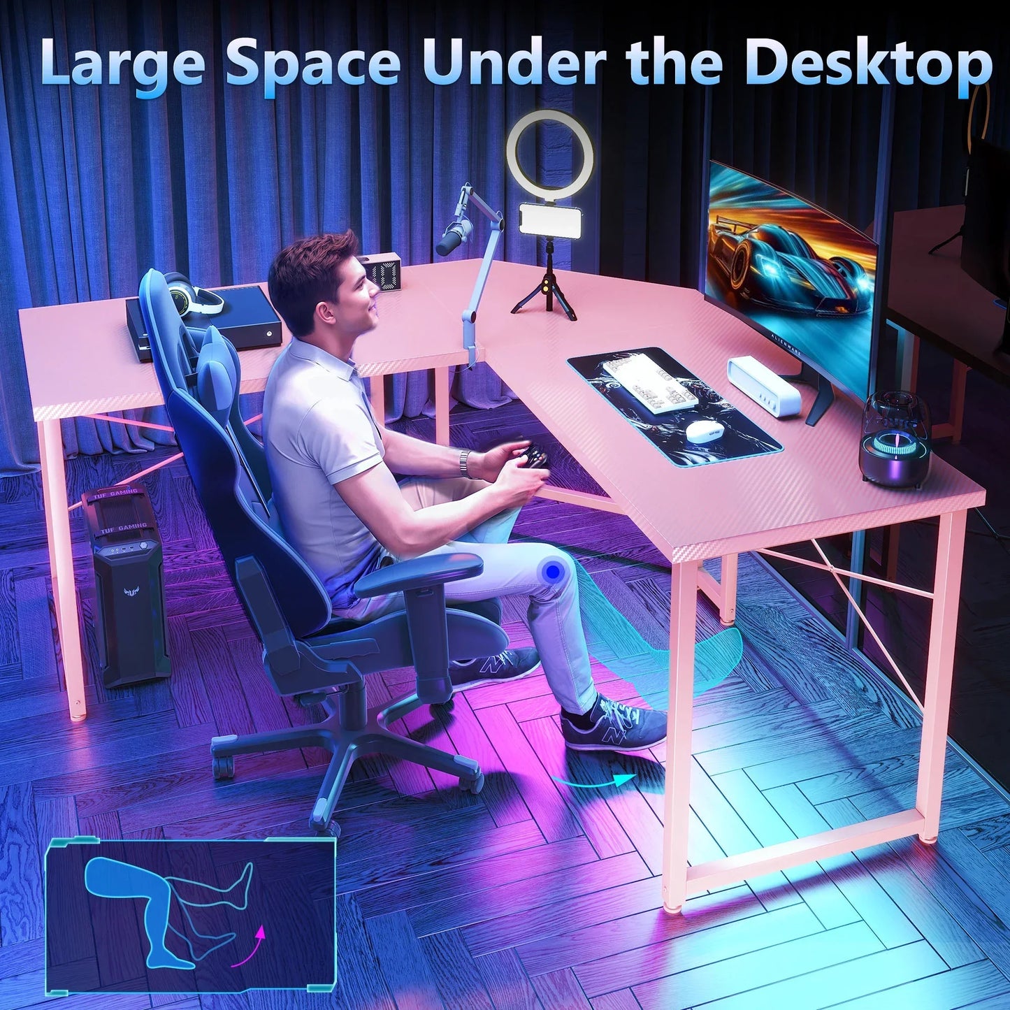 Computer Desk L Shaped, 51 Inch Reversible L Shaped Desk, Gaming Desk, Home Office Desk, Pink