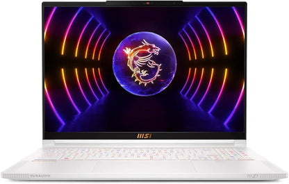 White gaming laptop with RGB keyboard and MSI dragon logo on futuristic screen