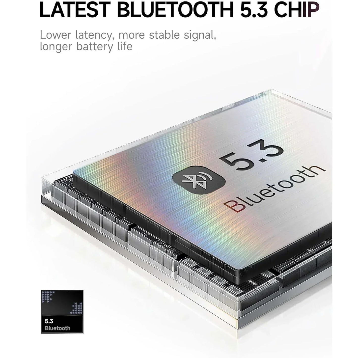 Latest Bluetooth 5.3 chip close-up with text highlighting lower latency and stable signal