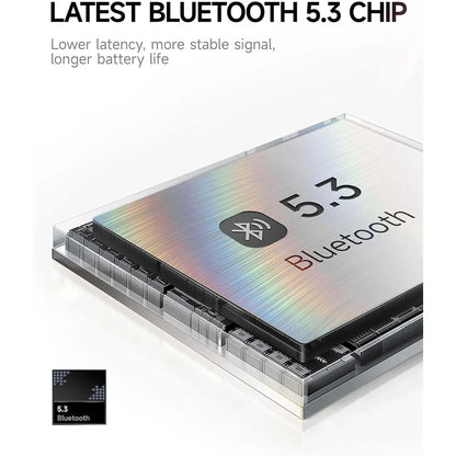 Latest Bluetooth 5.3 chip close-up with text highlighting lower latency and stable signal