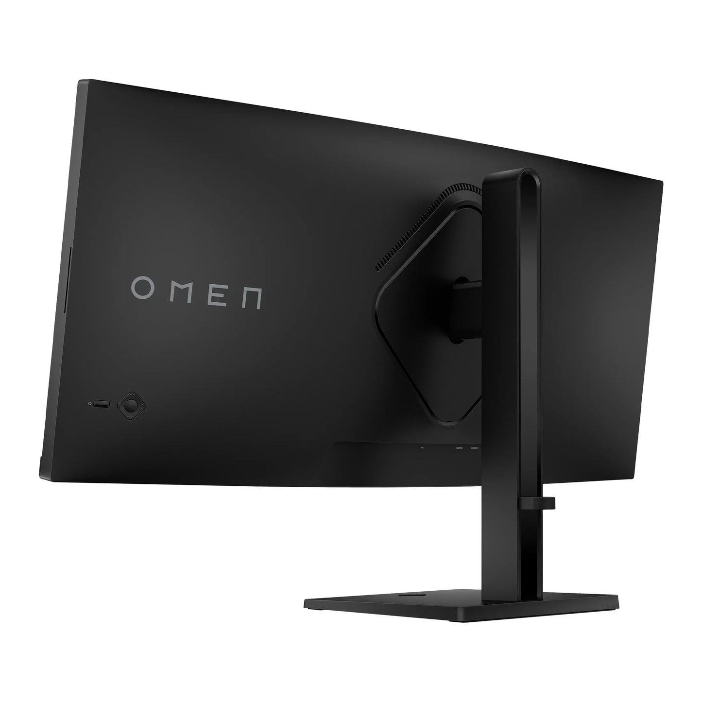 Rear view of black OMEN curved gaming monitor with a sturdy adjustable stand