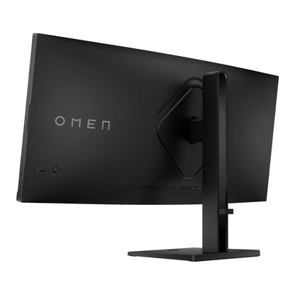 Rear view of black OMEN curved gaming monitor with a sturdy adjustable stand