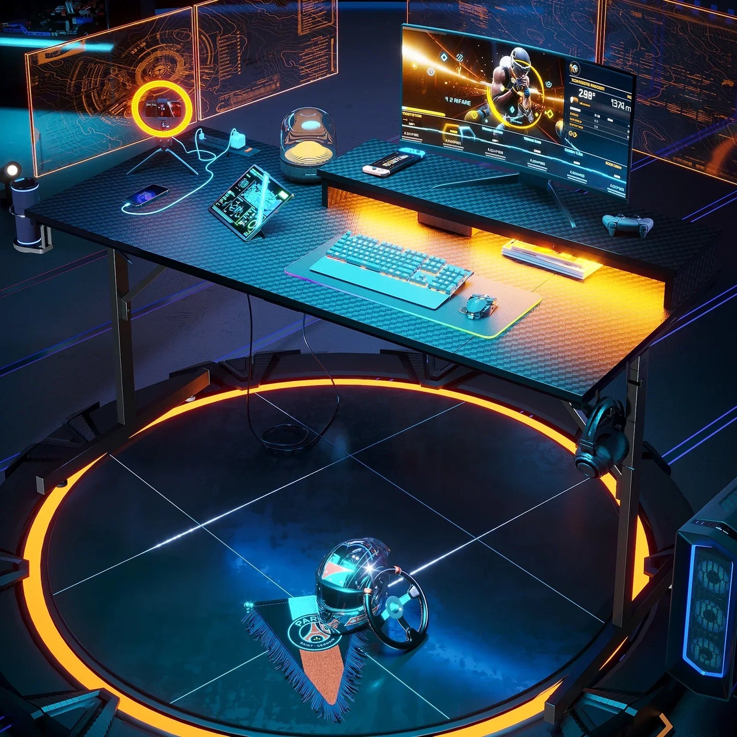Futuristic gaming setup with curved monitor, RGB keyboard, gaming mouse, and steering wheel on lit floor circle