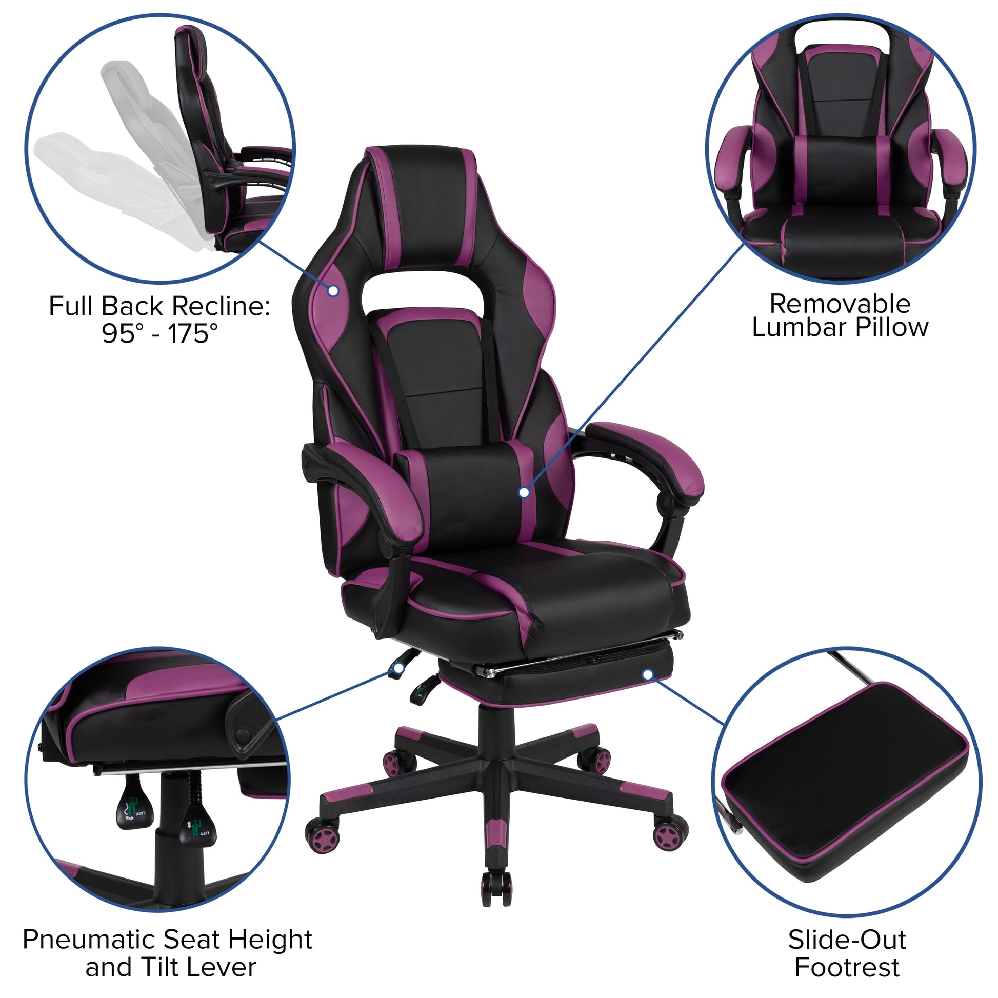 Black and purple gaming chair with full back recline, lumbar pillow, and slide-out footrest