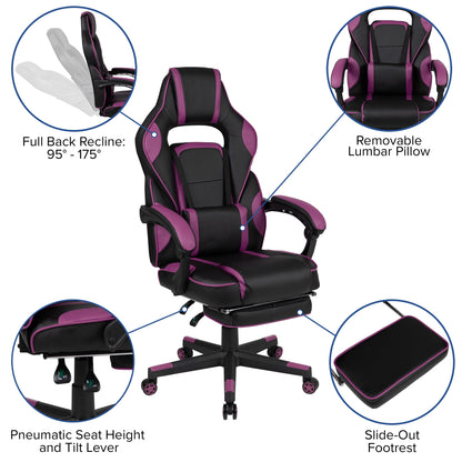 Black and purple gaming chair with full back recline, lumbar pillow, and slide-out footrest