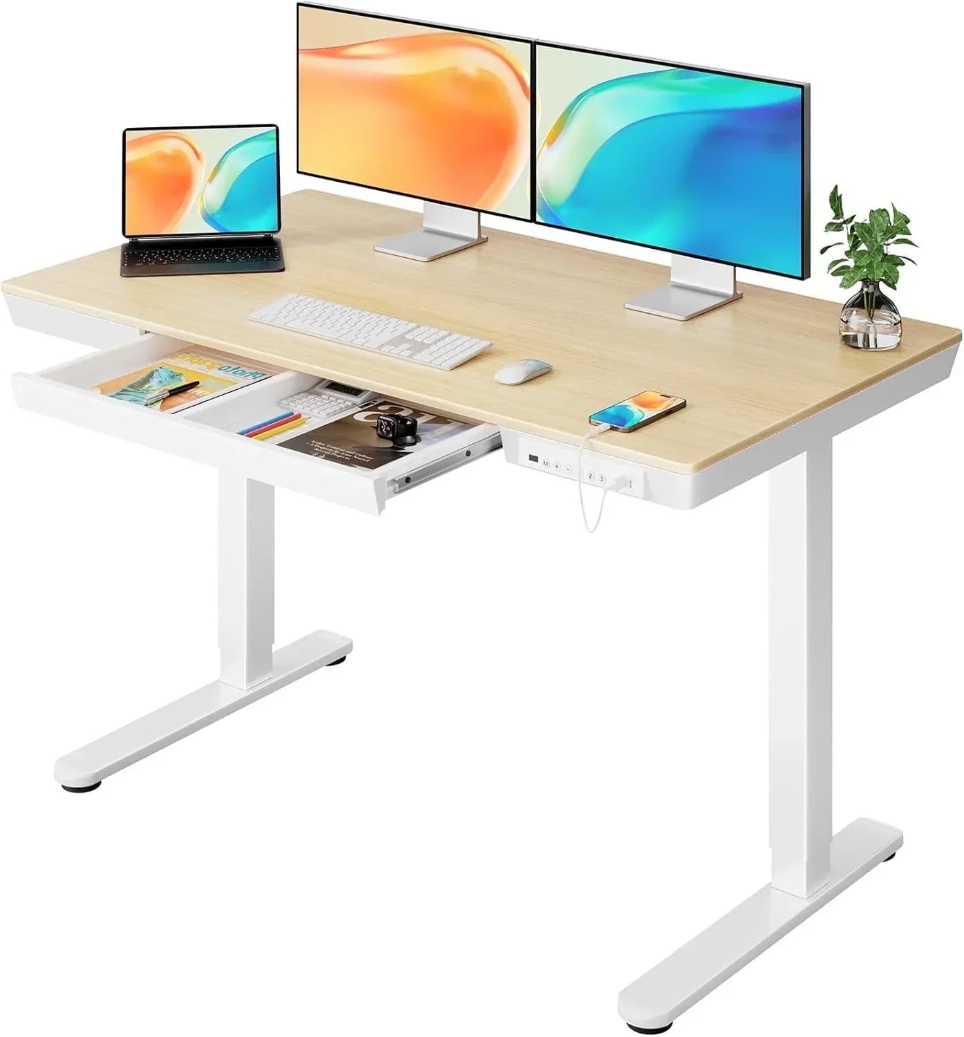 Glass Top Electric Standing Desk with Drawer, 48'' X 24'' Electric Height Adjustable Desk with USB Charging Ports, Sit Stand up for Home Office