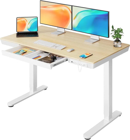 Glass Top Electric Standing Desk with Drawer, 48'' X 24'' Electric Height Adjustable Desk with USB Charging Ports, Sit Stand up for Home Office