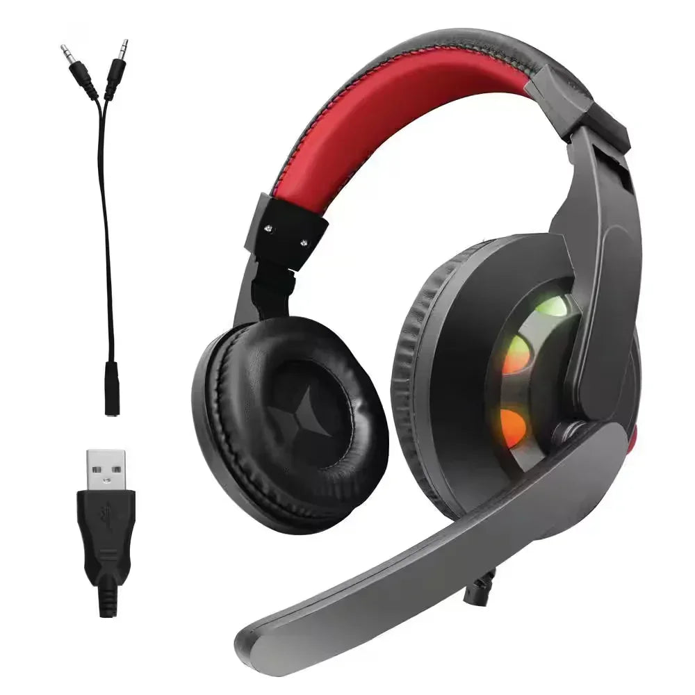 Black and red gaming headset with RGB lighting, microphone, audio and USB cables
