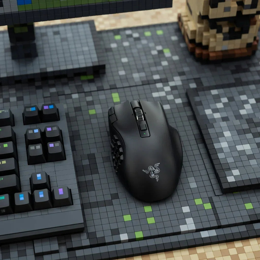 Gaming mouse and RGB keyboard on pixel art desk mat with retro 8-bit style design