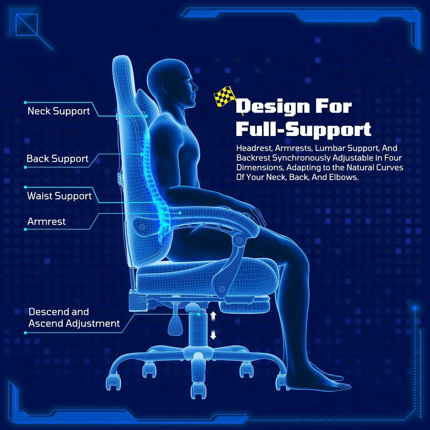 Ergonomic gaming chair with full-support design, adjustable neck, back, waist, and armrests for comfort