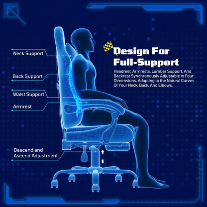 Ergonomic gaming chair with full-support design, adjustable neck, back, waist, and armrests for comfort