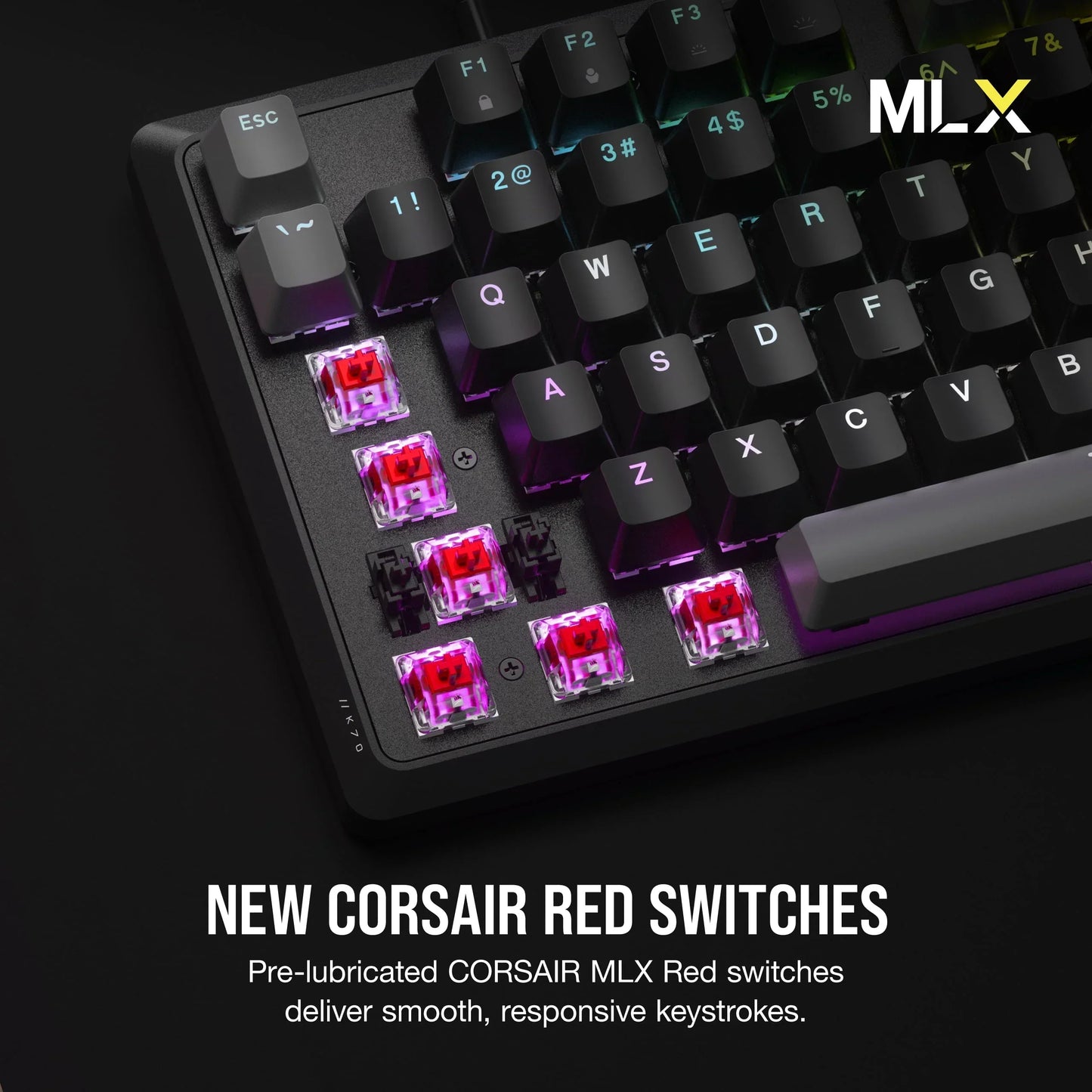 RGB gaming keyboard with CORSAIR MLX Red switches, black keycaps, and Byte Style branding.