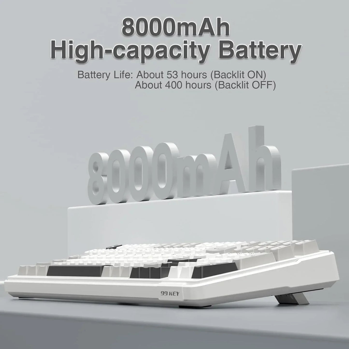 White 99-key gaming keyboard with 8000mAh high-capacity battery on minimalist desk.
