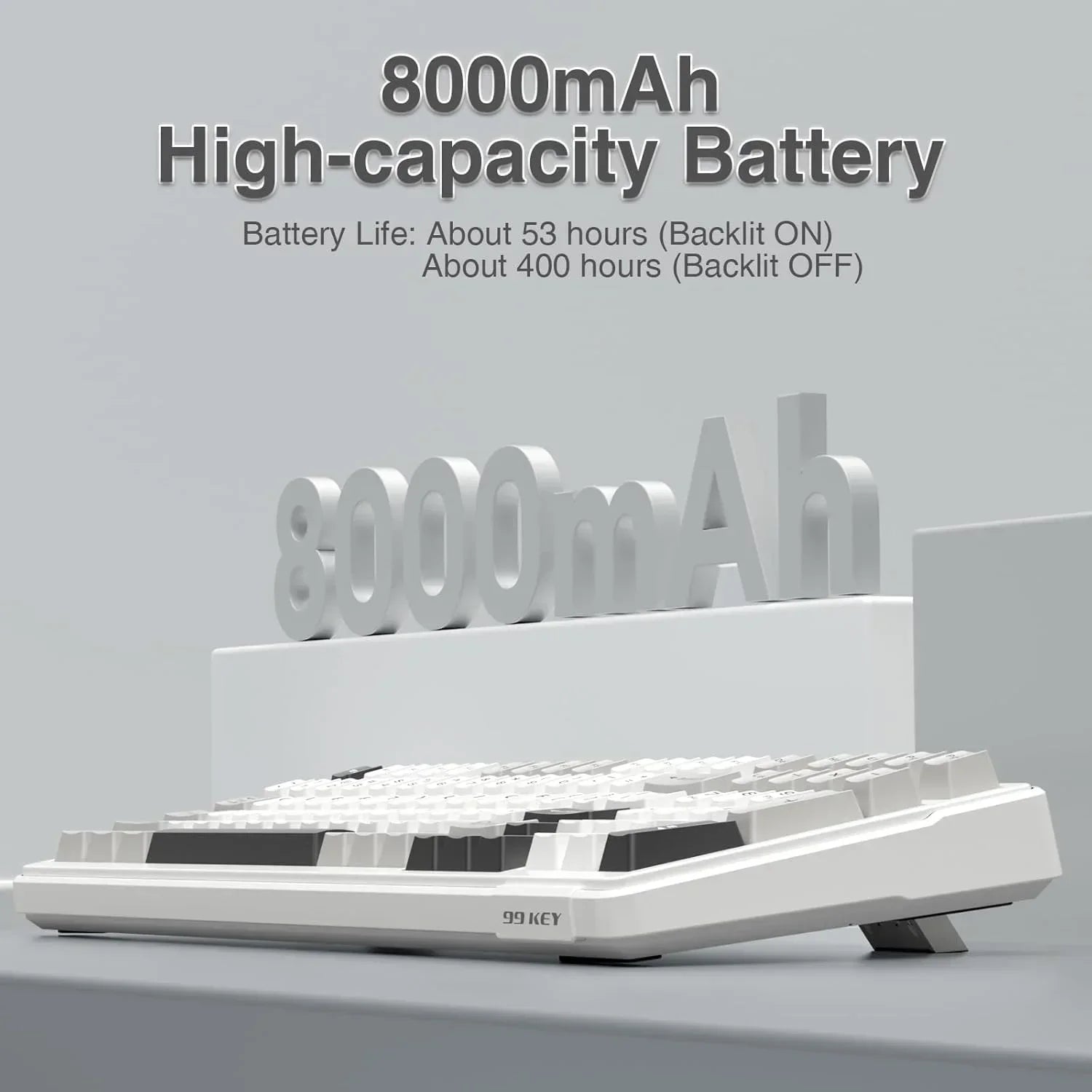 White 99-key gaming keyboard with 8000mAh high-capacity battery on minimalist desk.