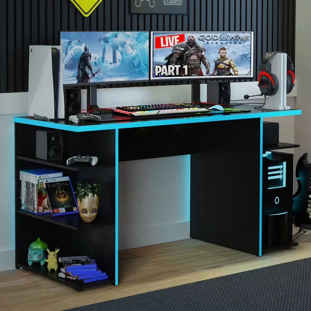Large Modern Gaming Computer Desk 53 Inch with 5 Shelves Cable Management Student Study Wooden Table Home Office Gamer Desk for Kids and Adults - White
