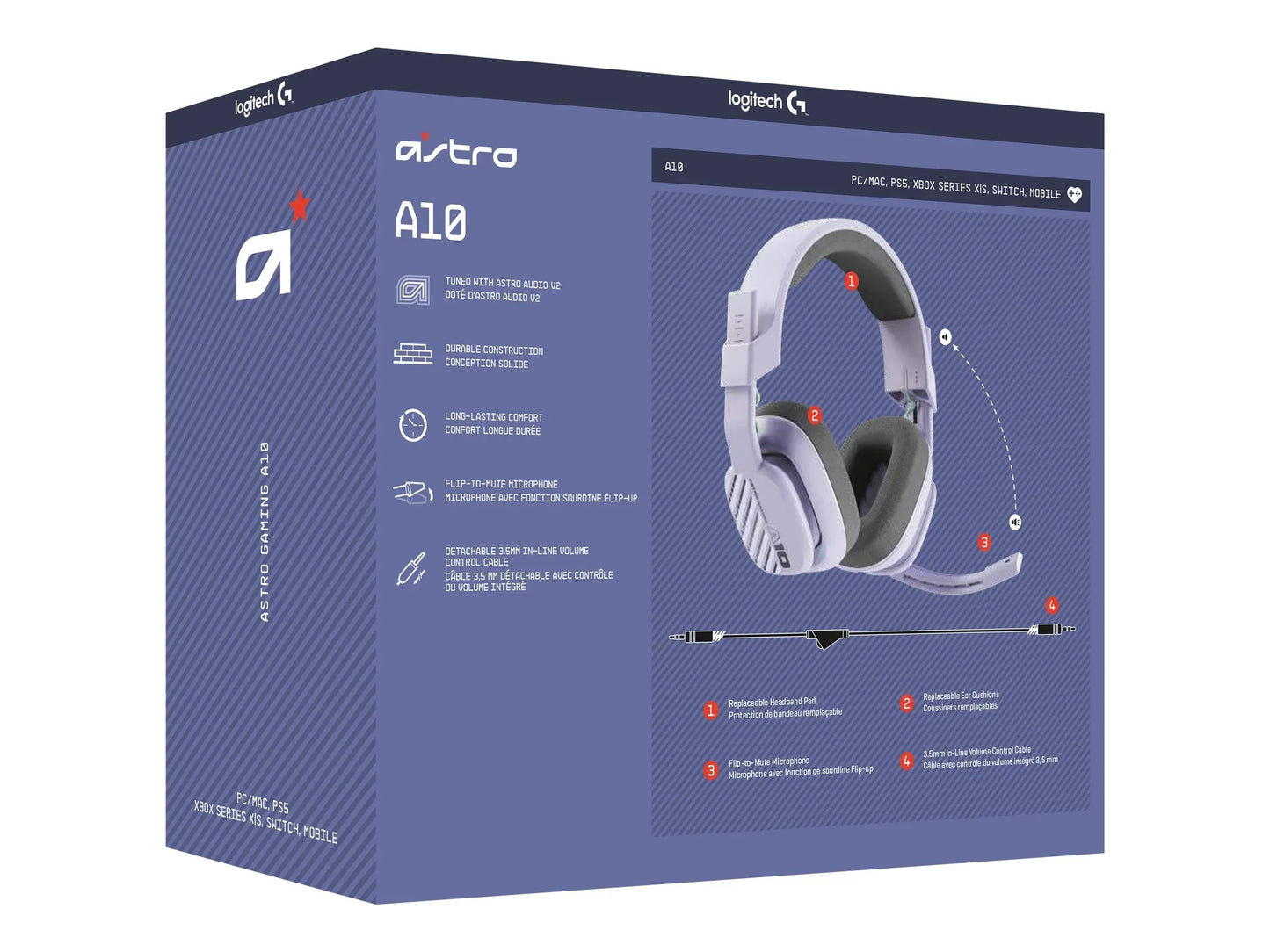 Logitech Astro A10 gaming headset box showing headset with replaceable parts and 3.5mm cable