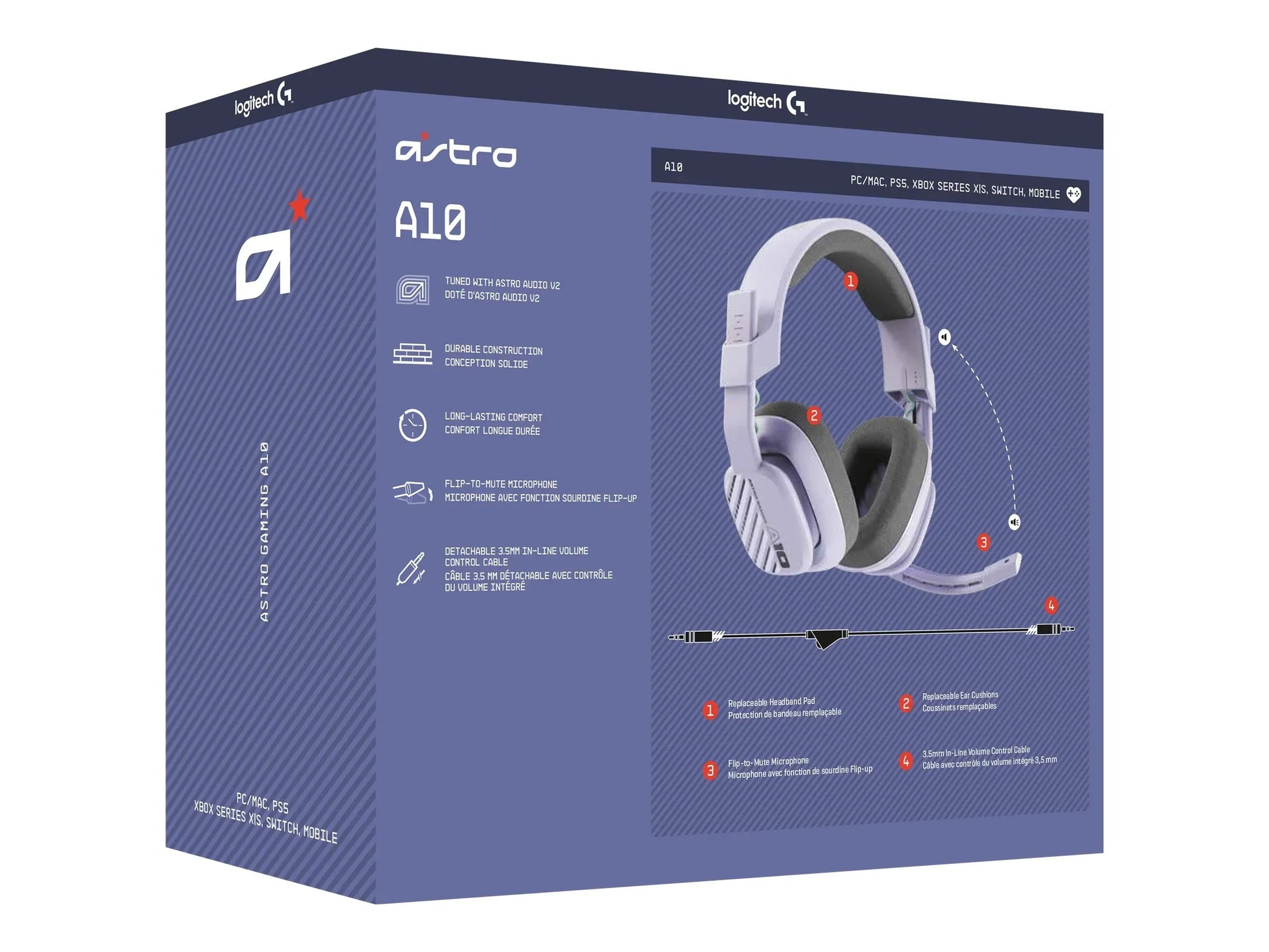 Logitech Astro A10 gaming headset box showing headset with replaceable parts and 3.5mm cable