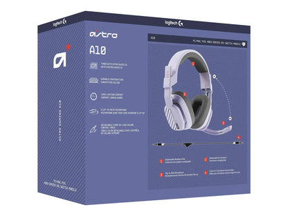 Logitech Astro A10 gaming headset box showing headset with replaceable parts and 3.5mm cable