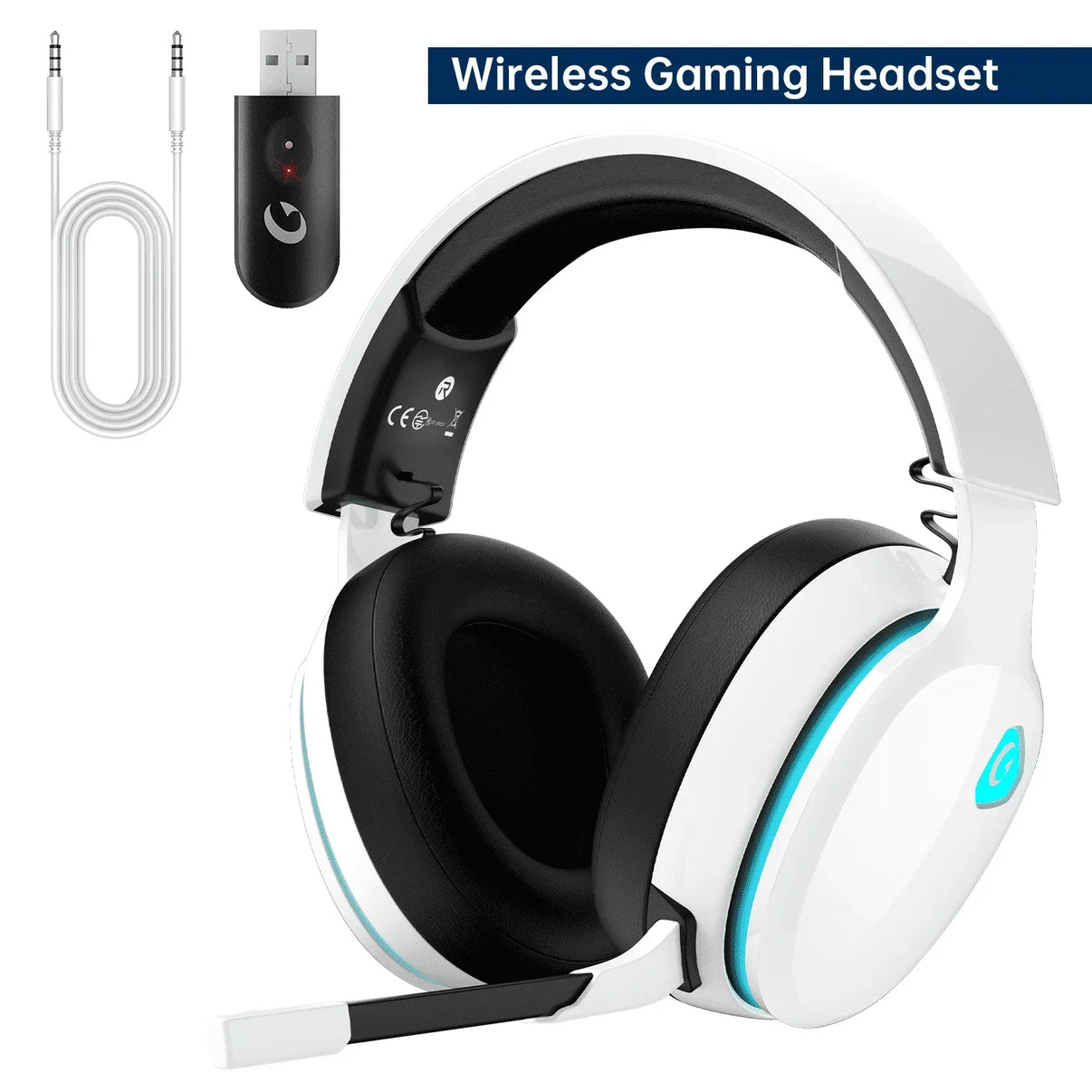 White and black wireless gaming headset with blue LED accents, USB dongle, and audio cable