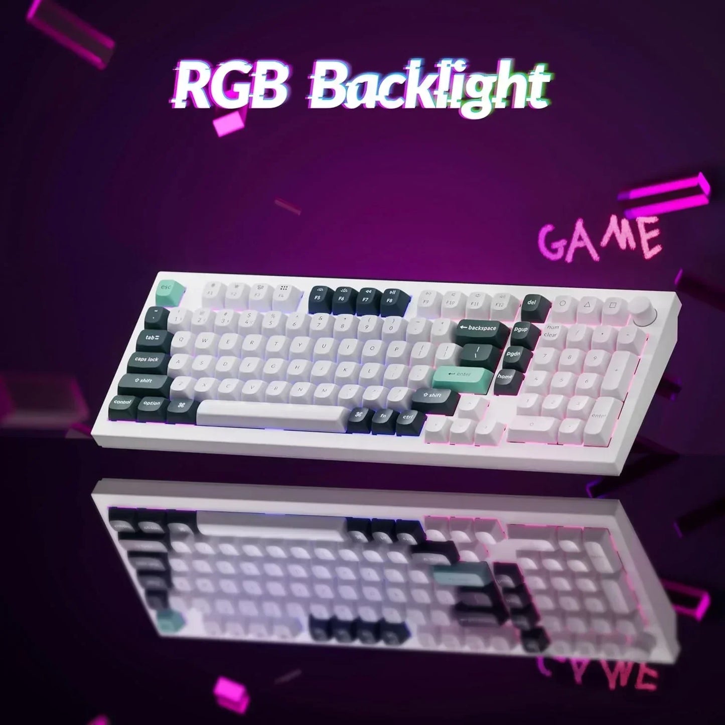 Retro 8-bit RGB backlight gaming keyboard with colorful keycaps on purple background, Byte Style