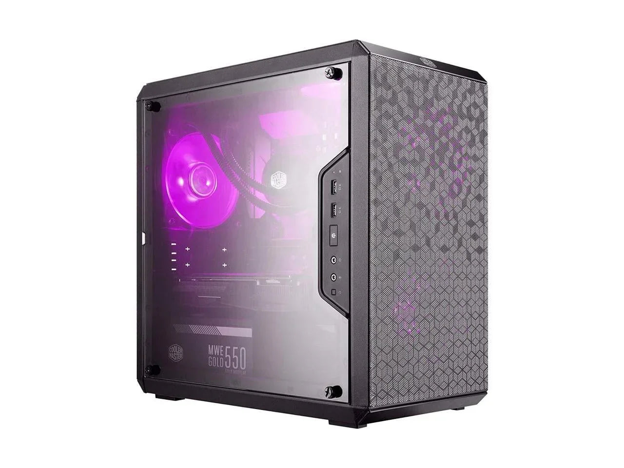 Gaming PC with tempered glass side panel, mesh front, and purple RGB lighting