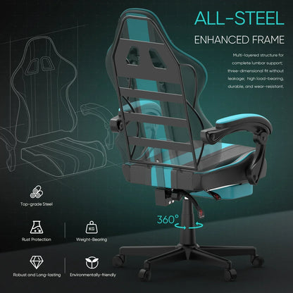 Gaming chair with all-steel enhanced frame, lumbar support, and 360° swivel, highlighting durability and rust protection