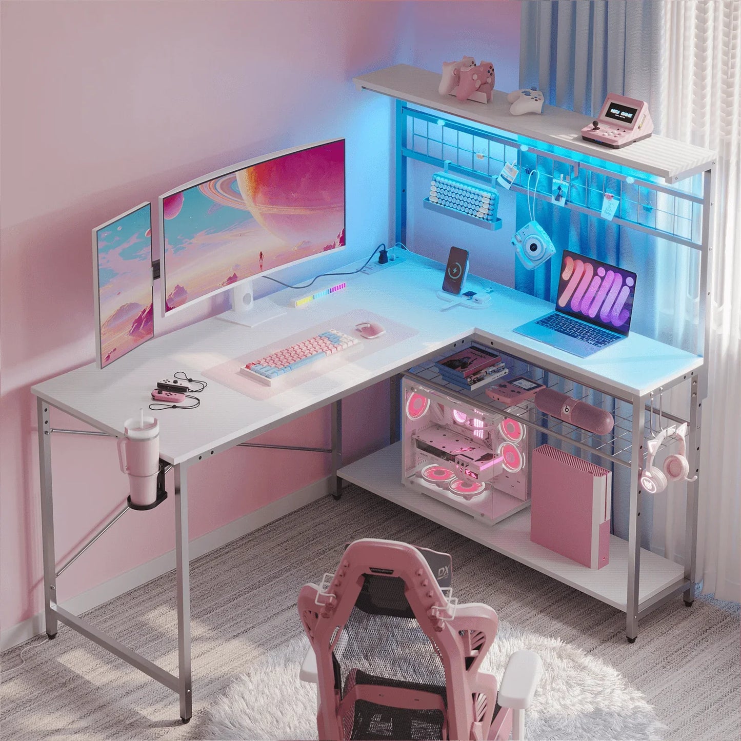 51 L Shaped Gaming Desk with Power Outlets, LED Workstation with 4 Tiers Shelves for Home Office, Gamer Reversible Table with Hooks and Cup Holder, Black Carbon Fiber