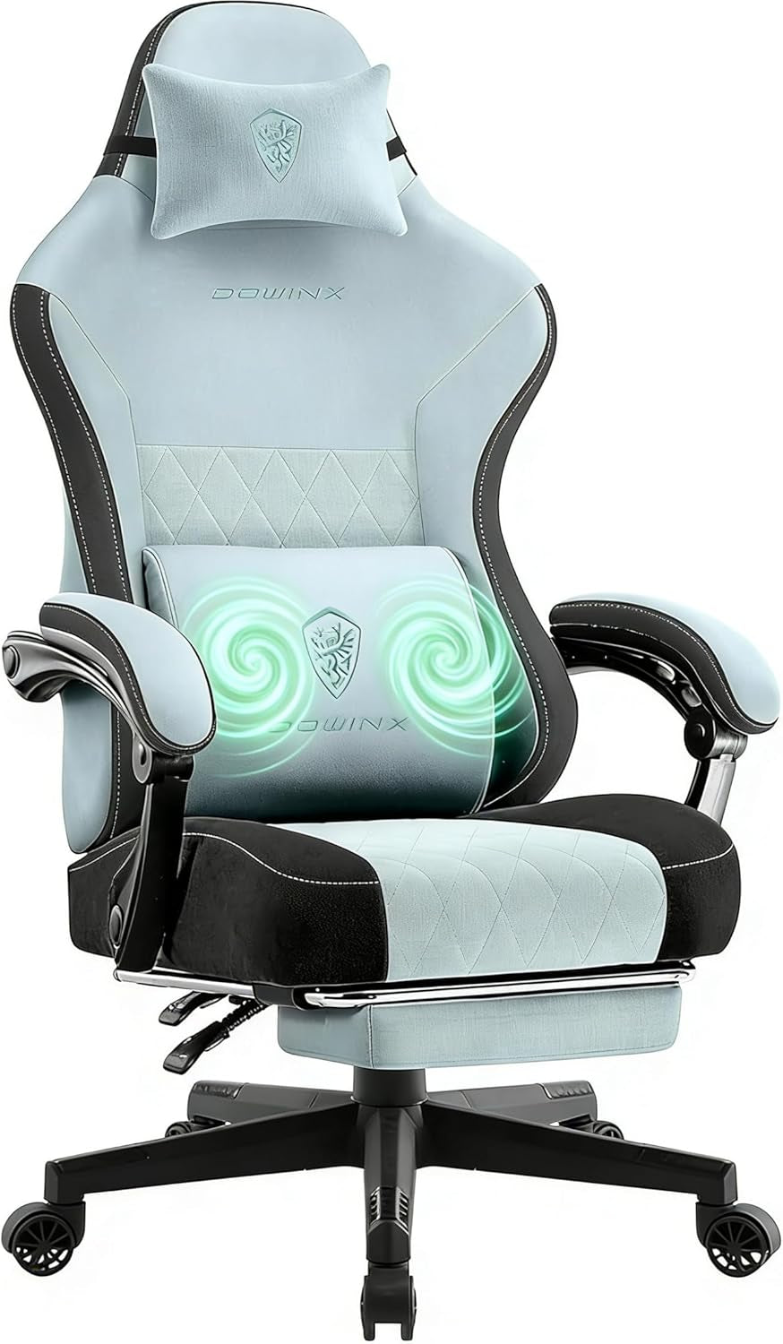 Light blue and black gaming chair with lumbar support, headrest, and glowing massage zones for ergonomic comfort.