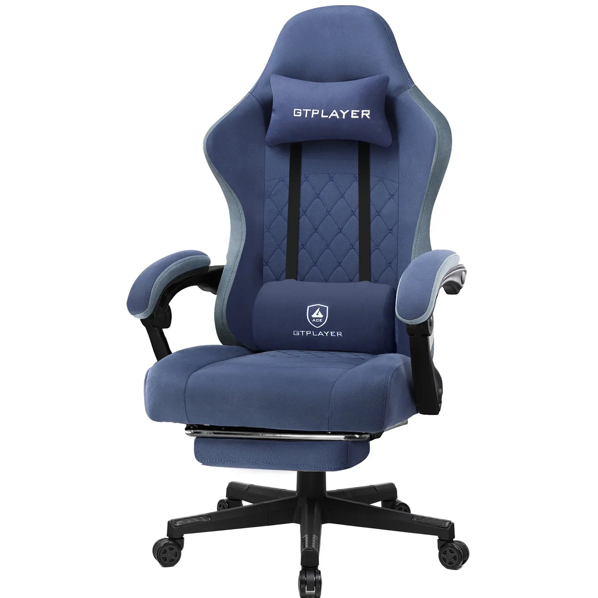 Blue GTPLAYER gaming chair with lumbar and neck pillows, quilted design, and black armrests on white background