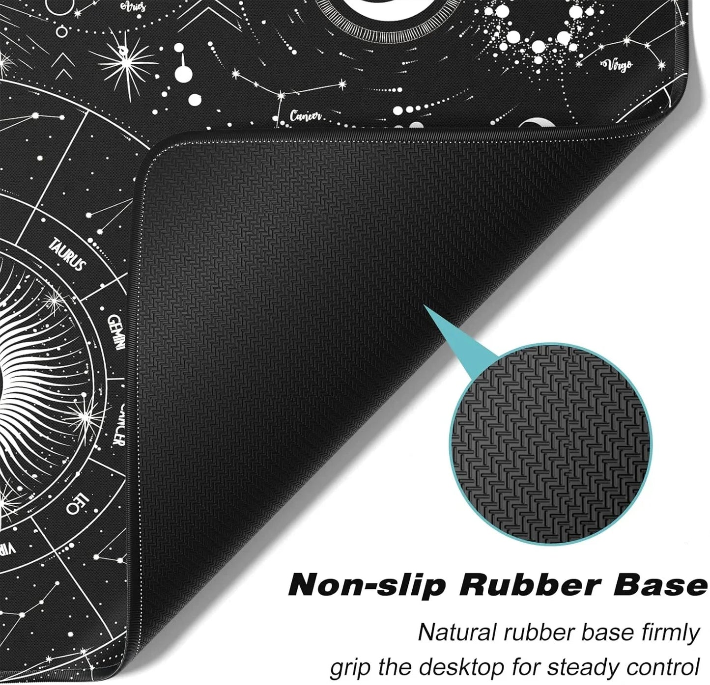 Black gaming mouse pad with white zodiac constellation design and non-slip textured rubber base