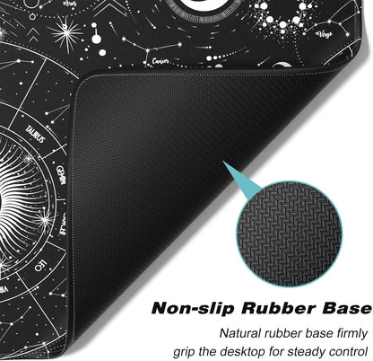 Black gaming mouse pad with white zodiac constellation design and non-slip textured rubber base
