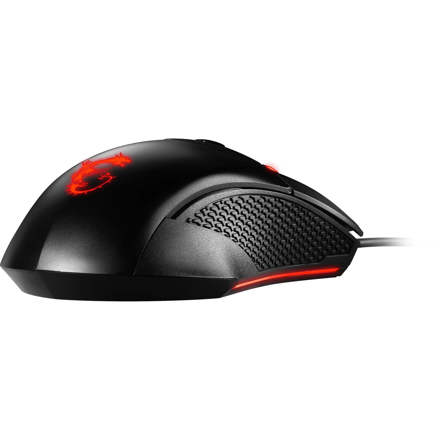Black gaming mouse with red LED dragon logo and side grip, wired RGB gaming gear by Byte Style