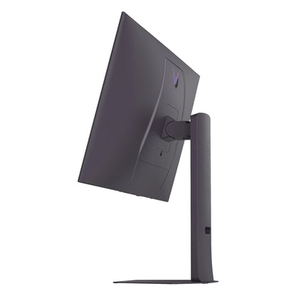 Back view of sleek black Ultragear gaming monitor with adjustable stand and purple logo on white background