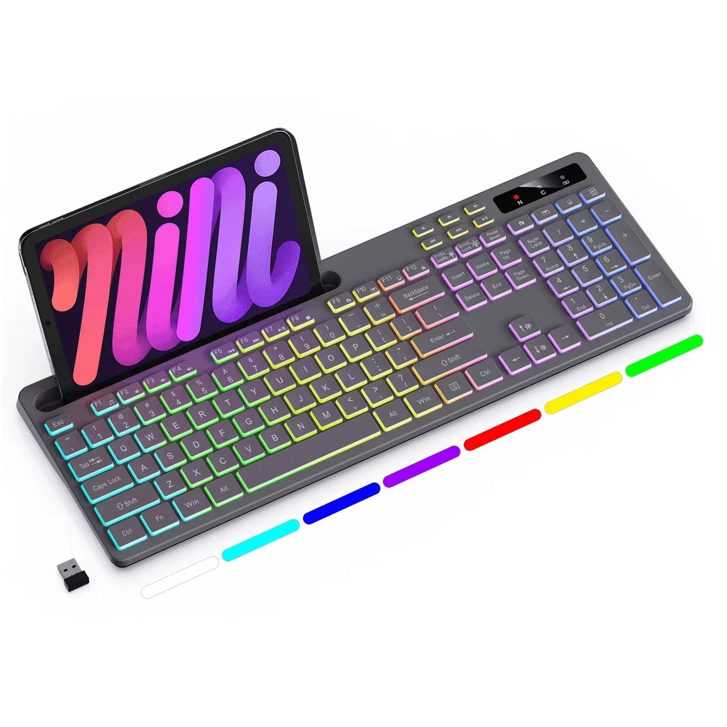 Wireless Keyboard with 7-Color RGB Backlit,  Full-Size Computer Keyboard with Phone Tablet Holder, Rechargeable 2.4G Wireless Gaming Keyboard with Light up Keys, Compatible with Mac,Window,Gray