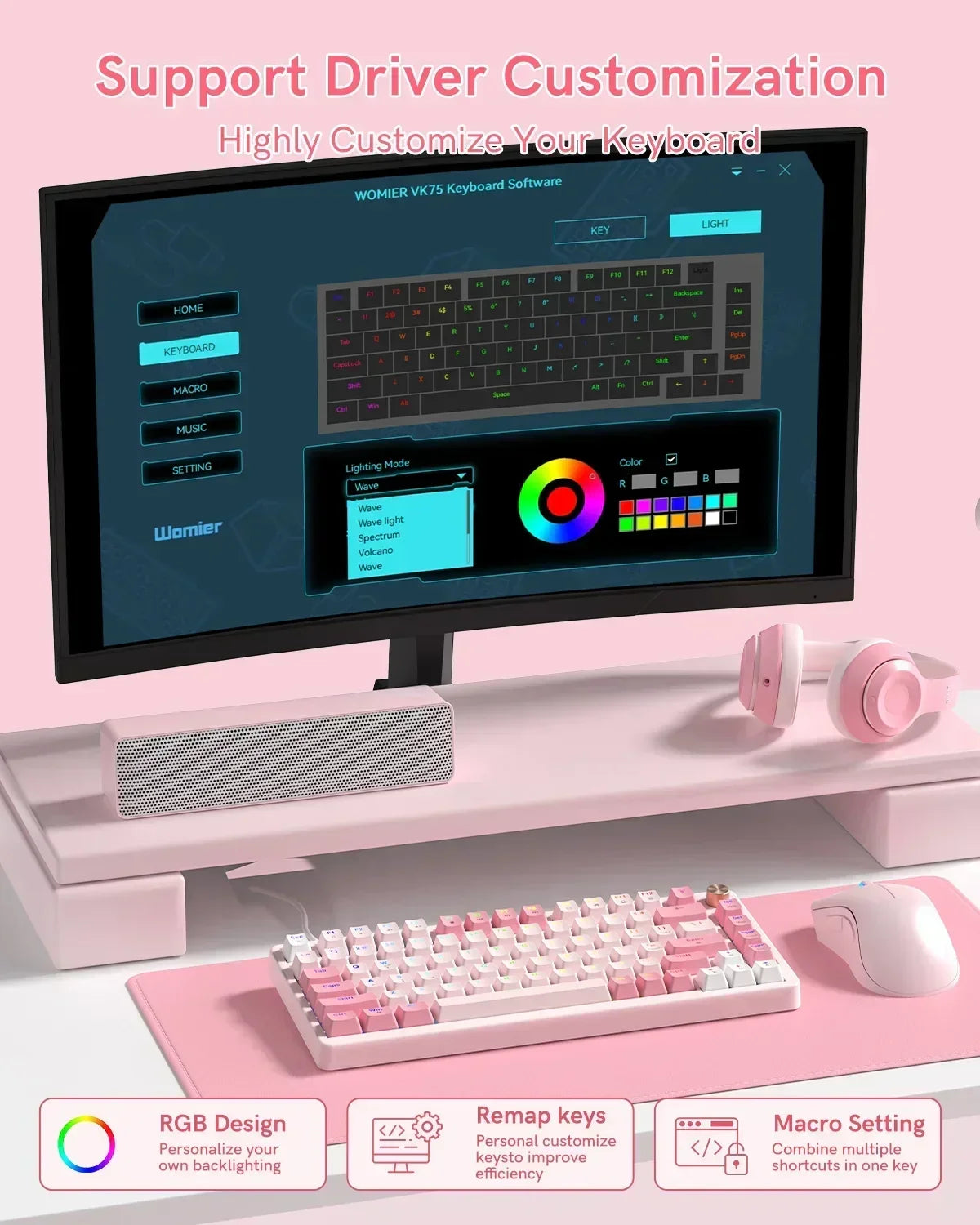 VK75 Wired Mechanical Keyboard with Multi-Function Knob, 75% Gaming Keyboard Gasket Mounted, Hot Swappable, Creamy Sound, Cherry Profile, PBT Keycaps, Pink