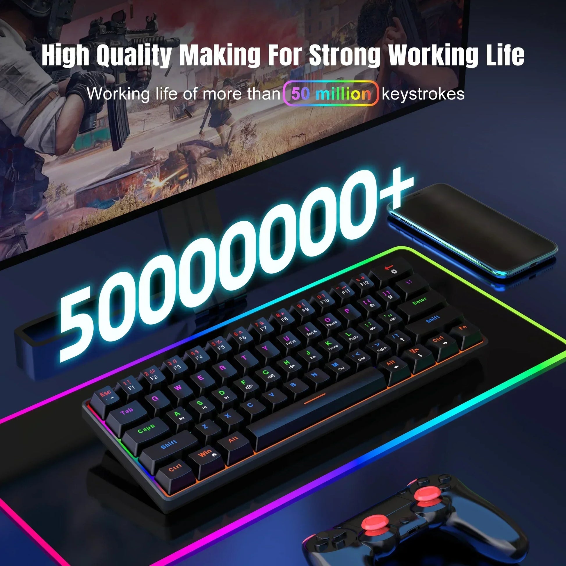 RGB gaming keyboard and controller on neon mousepad, 50 million keystroke lifespan, Byte Style