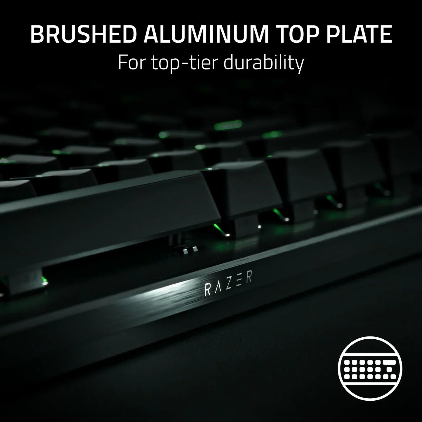 Razer gaming keyboard with brushed aluminum top plate and green backlit keys, Byte Style gear