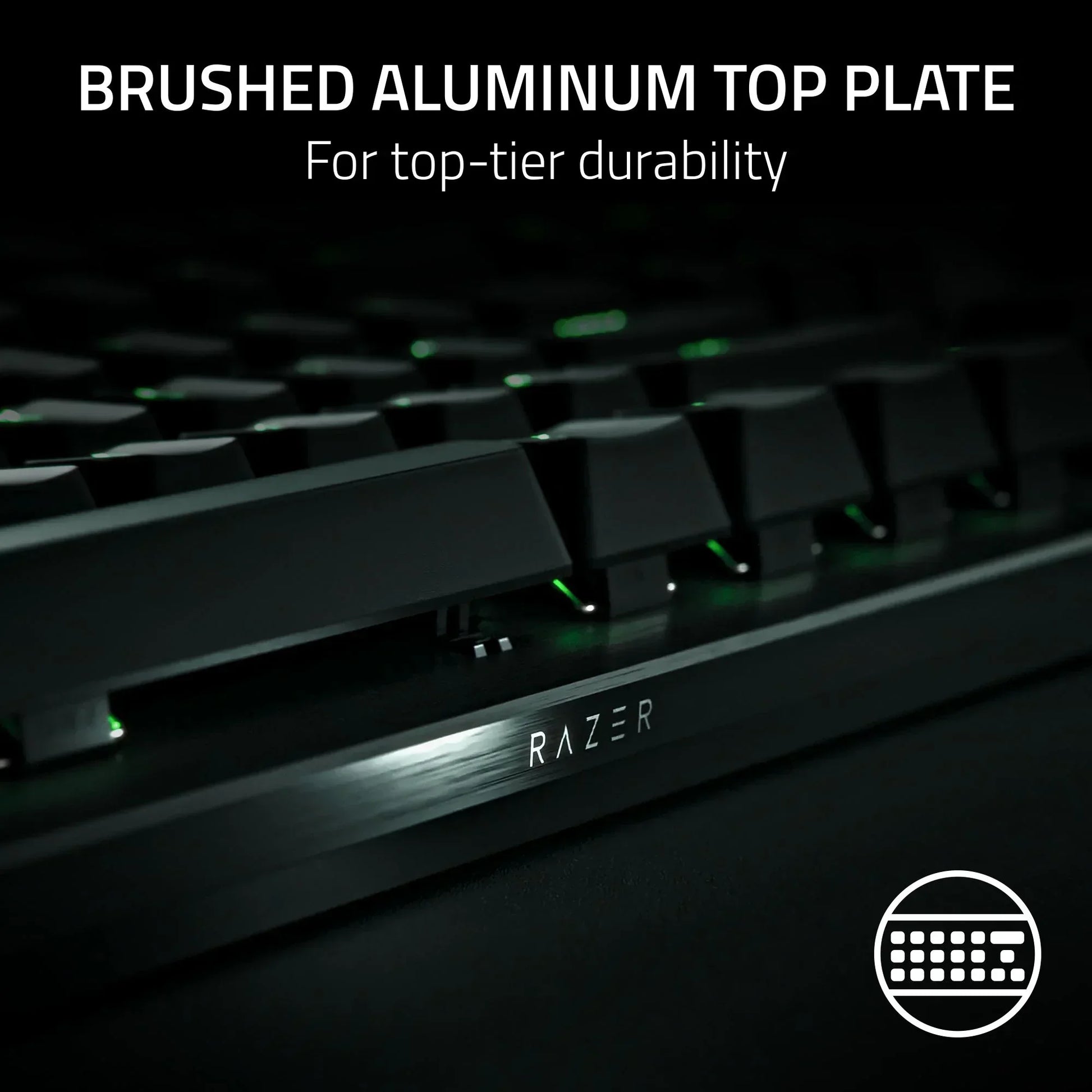 Razer gaming keyboard with brushed aluminum top plate and green backlit keys, Byte Style gear