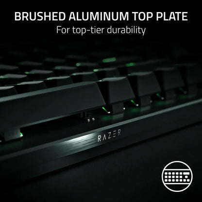 Razer gaming keyboard with brushed aluminum top plate and green backlit keys, Byte Style gear