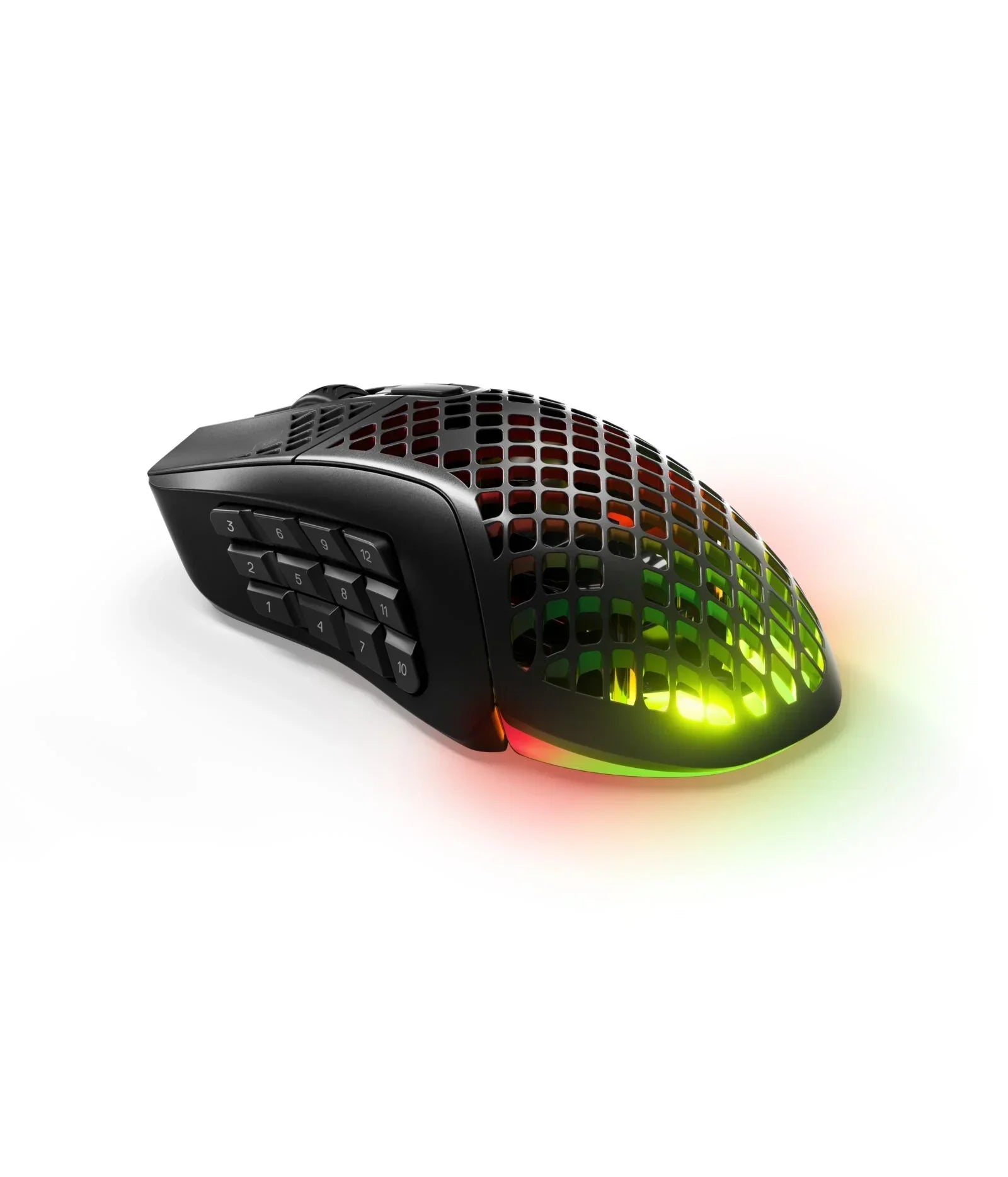 Black gaming mouse with honeycomb shell and 12 side programmable buttons illuminated by RGB lighting