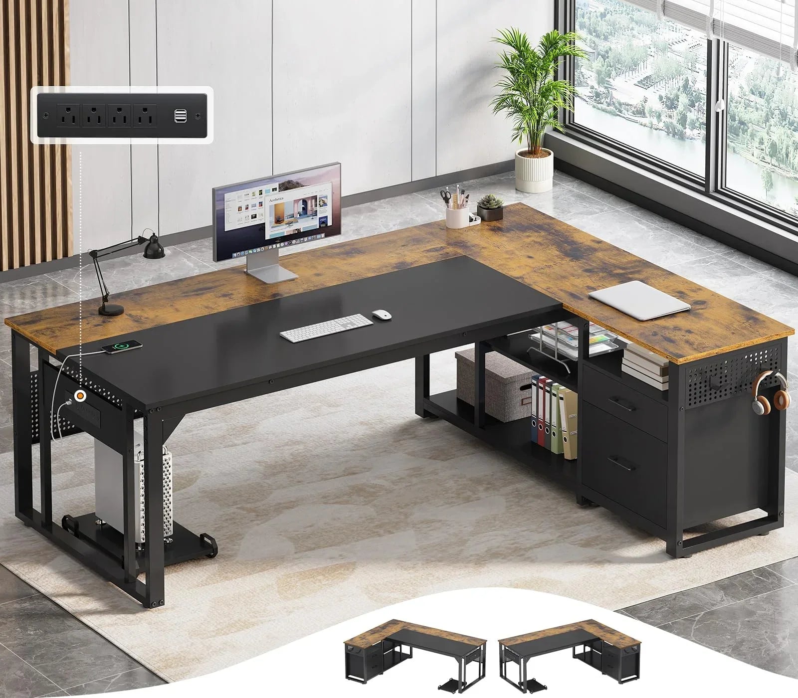 71" Executive Desk with Power Outlets, Modern L Shaped Office Desk with File Drawers and Pegboard, Large Computer Desk, Marble Black