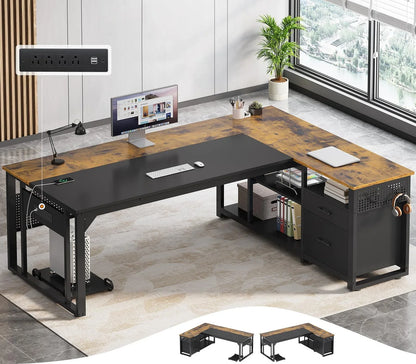 71" Executive Desk with Power Outlets, Modern L Shaped Office Desk with File Drawers and Pegboard, Large Computer Desk, Marble Black