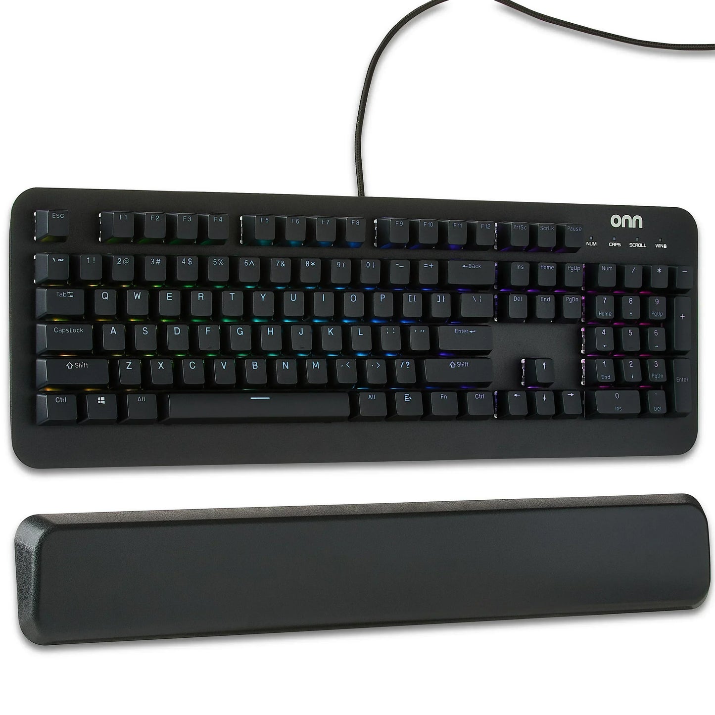 Black onn RGB gaming keyboard with wired connection and wrist rest, modern setup